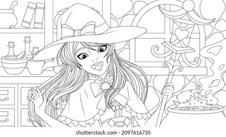 Vector illustration, beautiful cute young girl witch, conjures and has fun on the holiday, vector illustration.