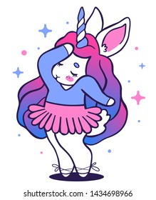 Vector illustration of beautiful dancer bunny unicorn in tutu skirt with horn and mane on white background with star. Line art design of rabbit unicorn for party poster, invitation, greeting card