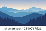 Vector illustration of beautiful dark blue mountain landscape with fog and forest. sunrise and sunset in mountains