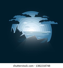Vector illustration of beautiful dark blue mountain landscape with funlight and sea.Negative space illustration