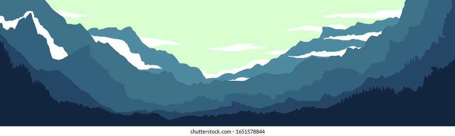 Vector illustration of beautiful dark blue mountain landscape with fog and forest. sunrise and sunset in mountains.