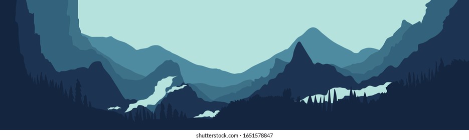 Vector illustration of beautiful dark blue mountain landscape with fog and forest. sunrise and sunset in mountains.