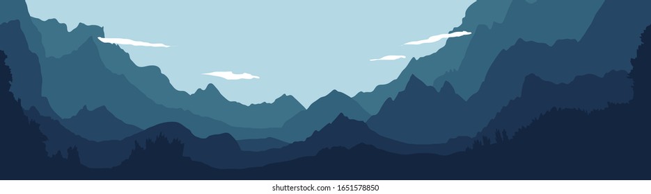 Vector illustration of beautiful dark blue mountain landscape with fog and forest. sunrise and sunset in mountains.