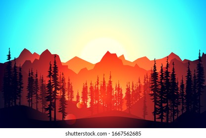 Vector illustration of beautiful dark blue mountain landscape with fog and forest. sunrise and sunset in mountains. Hills and rocks.  Flat landscape design