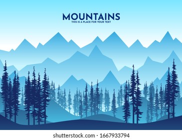 Vector illustration of beautiful dark blue mountain landscape with fog and forest. sunrise and sunset in mountains. Hills and rocks. Winder mountainous design.  Flat landscape design