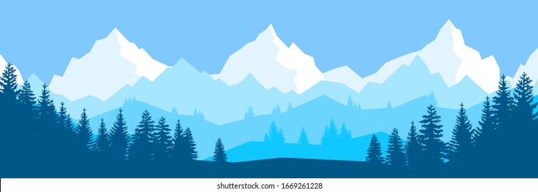 Vector illustration of beautiful dark blue mountain landscape with fog and forest. sunrise and sunset in mountains. Travel concept. Nature landscape. Vector isolated illustration