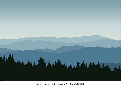 Vector Illustration of beautiful Dark Blue Mountain landscape. Sunrise and Sunset in mountains.