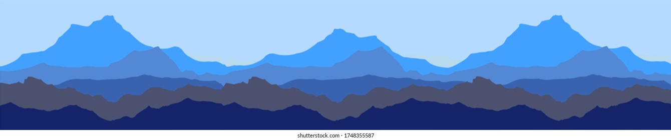 Ilustración vectorial del hermoso paisaje de montaña azul oscuro con niebla. amanecer y puesta de sol en las montañas.
