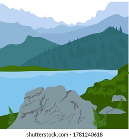 Vector illustration of beautiful dark blue mountain landscape with fog and forest. Mountains at sunrise or sunset. Meadow with sagegrass. Walking and traveling. alpine landscape.