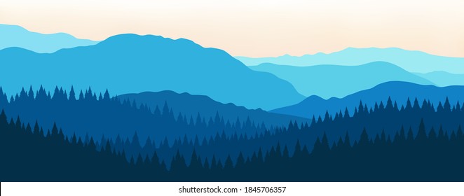 Vector Illustration Of Beautiful Dark Blue Mountain Landscape With Fog And Forest. Sunrise And Sunset In Mountains.