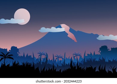 Vector illustration of beautiful dark blue mountain landscape with fog and forest. sunrise and sunset in mountains