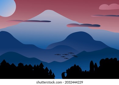 Vector illustration of beautiful dark blue mountain landscape with fog and forest. sunrise and sunset in mountains