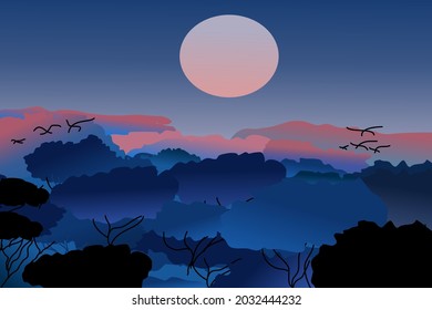 Vector illustration of beautiful dark blue mountain landscape with fog and forest. sunrise and sunset in mountains