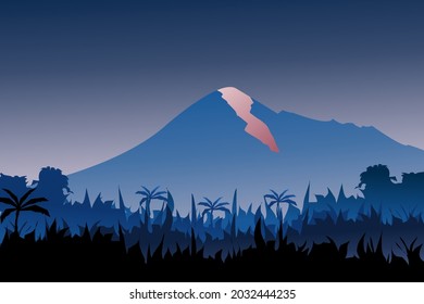 Vector illustration of beautiful dark blue mountain landscape with fog and forest. sunrise and sunset in mountains