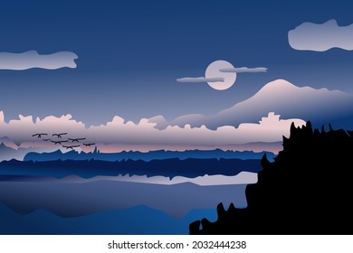 Ilustración vectorial del hermoso paisaje de montaña azul oscuro con niebla y bosque. amanecer y puesta de sol en las montañas