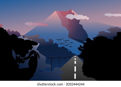 Vector illustration of beautiful dark blue mountain landscape with fog and forest. sunrise and sunset in mountains