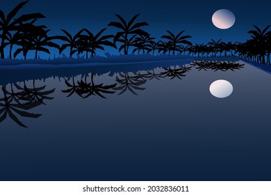 Vector illustration of beautiful dark blue Hills landscape in flat style design. Valley with lake background. mountains and blue sky. Rural location in the hills, forest, trees, cartoon vector