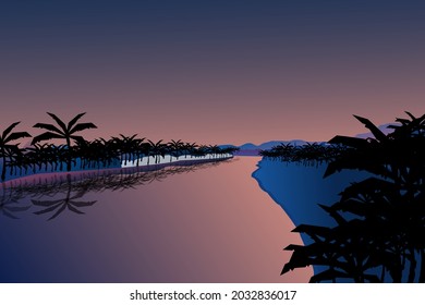 Ilustración vectorial del hermoso paisaje de las colinas azul oscuro en un diseño de estilo plano. Valle con fondo de lago. montañas y cielo azul. Ubicación rural en las colinas, bosque, árboles, vector de dibujos animados