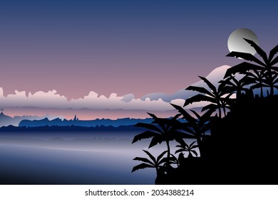 Vector illustration of beautiful dark blue Hills landscape in flat style design. Valley with lake background. mountains and blue sky. Rural location in the hills, forest, trees, cartoon vector