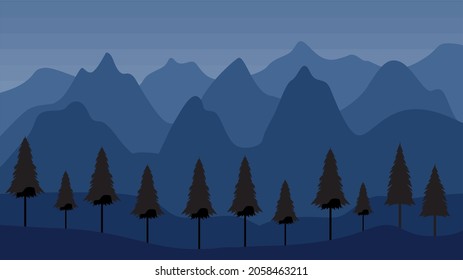 Vector illustration of beautiful dark blue mountain landscape with fog and forest. sunrise and sunset in mountains