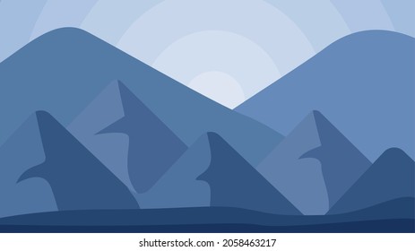 Vector illustration of beautiful dark blue mountain landscape with fog and forest. sunrise and sunset in mountains