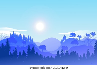 Vector illustration of beautiful dark blue mountain scenery with fog and forest. sunrise and sunset in the mountains.