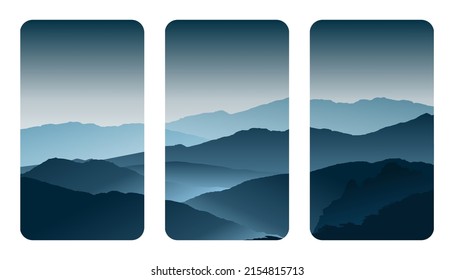 Vector illustration of beautiful dark blue mountain landscape with fog and forest, mountain landscape with fog, mountain walpaper for phone, phone walpaper