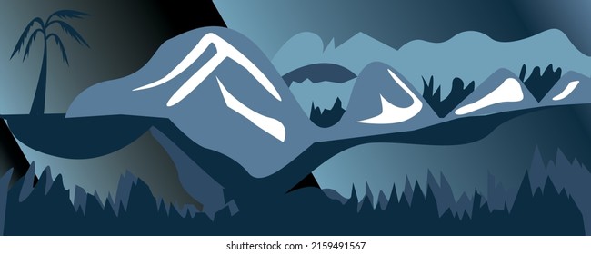 Vektorgrafik der schönen dunkelblauen Berglandschaft mit Nebel und Wald.