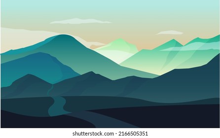 Vector illustration of a beautiful dark blue mountain landscape. sunrise and sunset in the mountains.