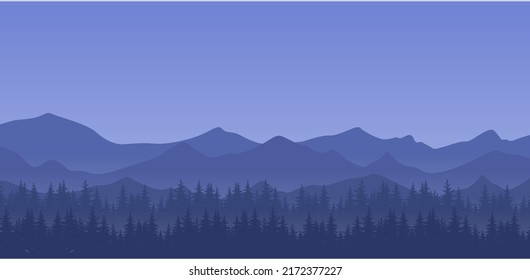 Vector illustration of beautiful dark blue mountain landscape with fog and forest. sunrise and sunset in mountains.