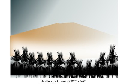 Ilustración vectorial del hermoso paisaje de montaña azul oscuro con niebla y bosque. amanecer y puesta de sol en las montañas.