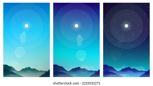 Vector illustration of beautiful dark blue mountain landscape with fog and forest, mountain landscape with fog, mountain walpaper for phone