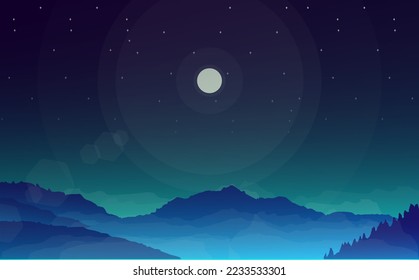 Vector illustration of beautiful dark blue mountain landscape mountain with fog and forest in the night, mountain landscape with fog, mountain background for desktop