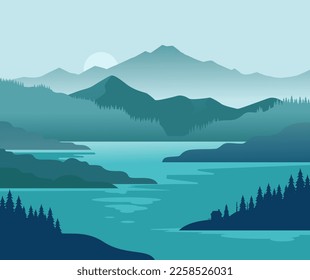 Vector illustration of beautiful dark blue mountain landscape with fog and forest. sunrise and sunset in mountains