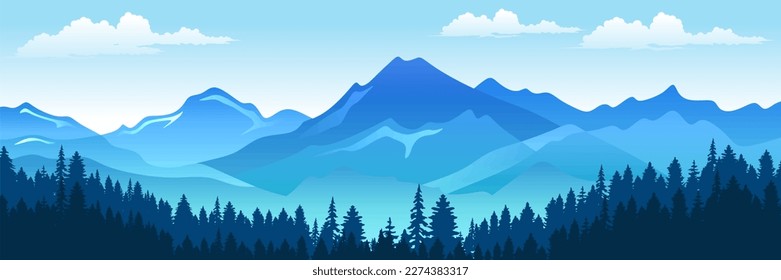 Vector illustration of beautiful dark blue mountain landscape with fog and forest. sunrise and sunset in mountains