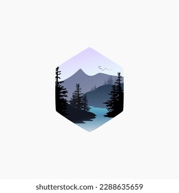 Vector illustration of beautiful dark blue mountain landscape with fog and forest. sunrise and sunset in mountains..vector