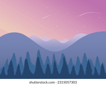 Ilustración vectorial del hermoso paisaje de montaña azul oscuro con estrellas y bosque. amanecer y puesta de sol en las montañas. Conjunto de fondo plano. Estilo minimalista. Colección de 4 paisajes. Vista de montaña.
