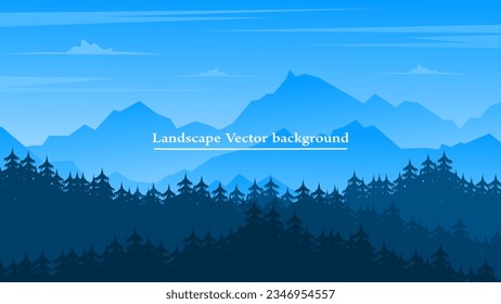 Vector illustration of a beautiful dark blue mountain landscape with fog and forest.