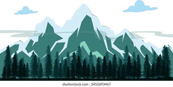 Vector illustration of a beautiful dark blue mountain landscape with fog and forest.