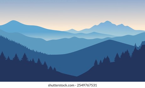 Vektorgrafik der schönen dunkelblauen Berglandschaft mit Nebel und Wald. Sonnenaufgang und Sonnenuntergang in den Bergen