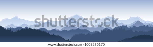 Abstract beautiful dark blue mountain landscape with fog and sunset