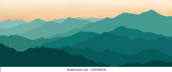 Vector Illustration Of Beautiful Dark Green Mountain Landscape With Fog And Forest. Sunrise And Sunset In Mountains.