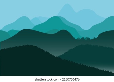 Vector illustration of beautiful dark green mountain landscape with fog and forest. sunrise and sunset in mountains. Elegant landscape background vector.