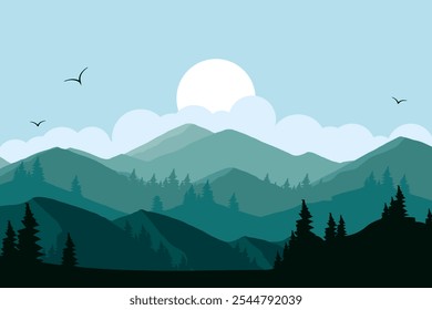 Vector illustration of beautiful dark green mountain landscape with fog and forest. sunrise and sunset in mountains