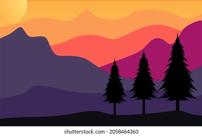 Vector illustration of beautiful dark orange mountain landscape with fog and forest. sunrise and sunset in mountains