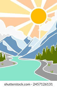 Vector illustration of beautiful day showing Landscape with a river, mountains and sun.