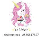 Vector illustration, beautiful decorative unicorn, sweets and cakes. Design for printing on shirt, poster, banner. Lovely print for t-shirt