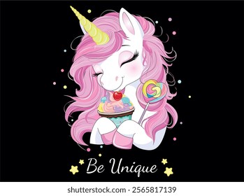 Vector illustration, beautiful decorative unicorn, sweets and cakes. Design for printing on shirt, poster, banner. Lovely print for t-shirt