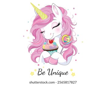 Vector illustration, beautiful decorative unicorn, sweets and cakes. Design for printing on shirt, poster, banner. Lovely print for t-shirt