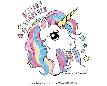 Vector illustration, beautiful decorative unicorn, stars and rainbow. Design for printing on shirt, poster, banner. Lovely print for t-shirt